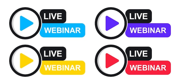 Conjunto de colorido botón de seminario web en vivo. Ilustración vectorial