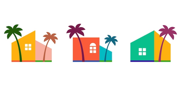 conjunto, de, colorido, casa tropical, logotipo, casa, con, árbol de palma, logotipo, vector, hawaii, tropical, playa, hogar
