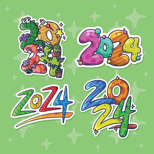 Conjunto de colorido diseño vectorial de texto del logotipo 2024 con estilo de ilustración de dibujos animados