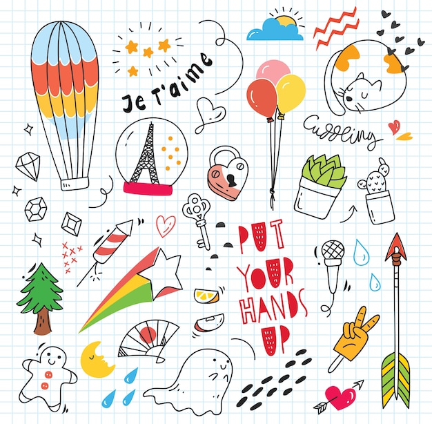 Conjunto de colorido doodle sobre fondo de papel
