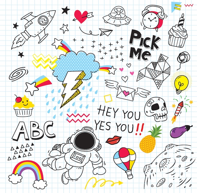 Conjunto de colorido doodle sobre fondo de papel