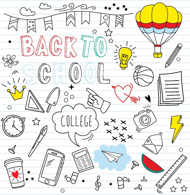 Conjunto de colorido doodle sobre papel. doodles a los elementos de la escuela