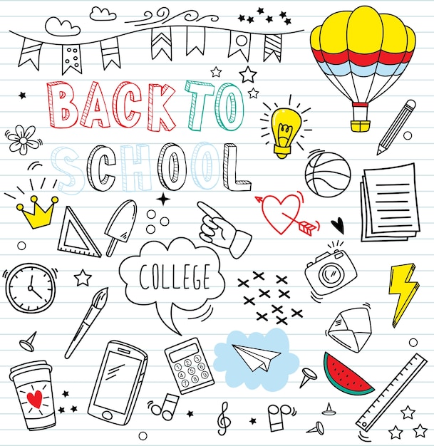Conjunto de colorido doodle sobre papel. Doodles a los elementos de la escuela