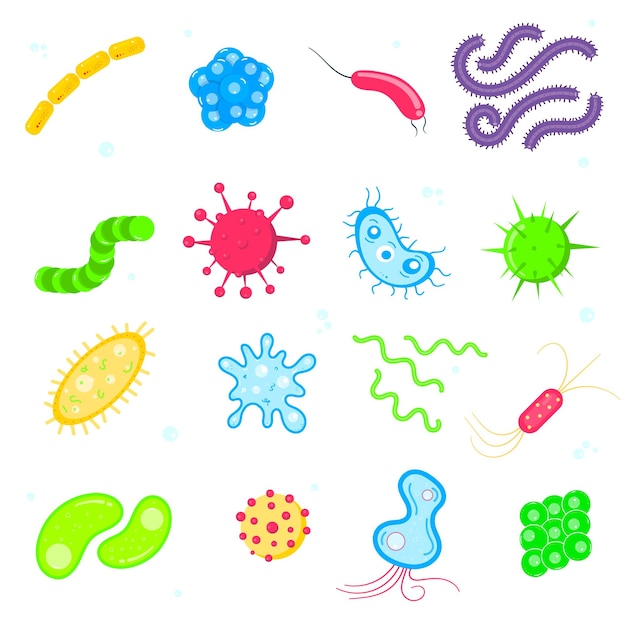 Vector conjunto colorido de gérmenes y virus de microorganismos bacterianos conjunto colorido de virus e infecciones