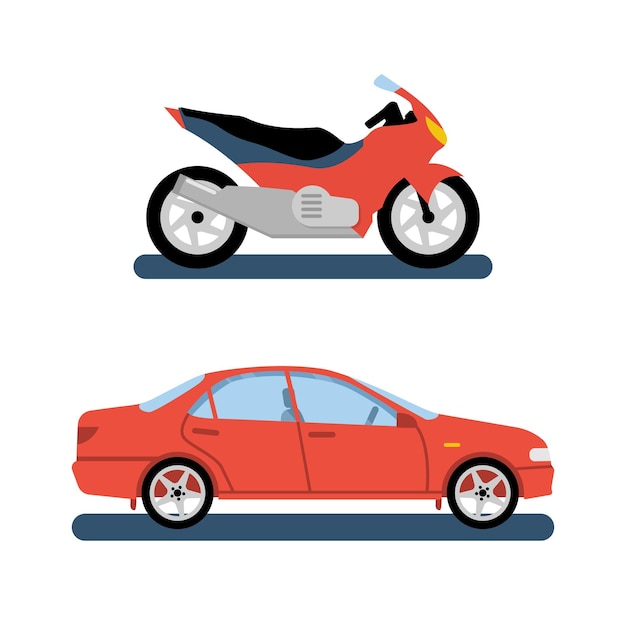 Vector conjunto colorido de motocicletas y automóviles transporte urbano por carretera diseño plano de ilustración vectorial aislado sobre fondo blanco