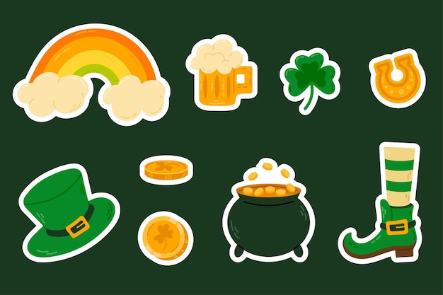 Conjunto colorido de pegatinas del Día de San Patricio que incluye arco iris, tréboles, monedas de oro, sombrero de duende