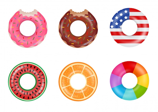 Vector conjunto de coloridos anillos de natación. anillos de goma inflables donut, bandera americana, sandía, naranja y arcoiris. juguetes flotantes de verano.