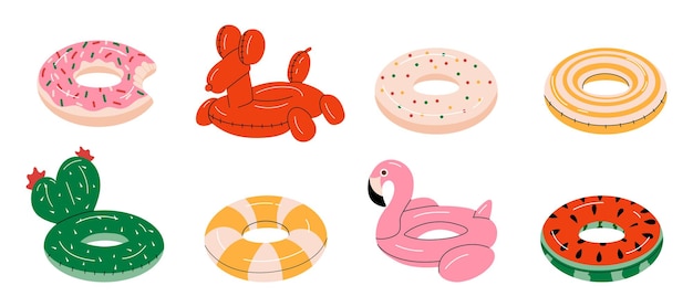 Conjunto de coloridos anillos de natación inflables y flotadores de piscina