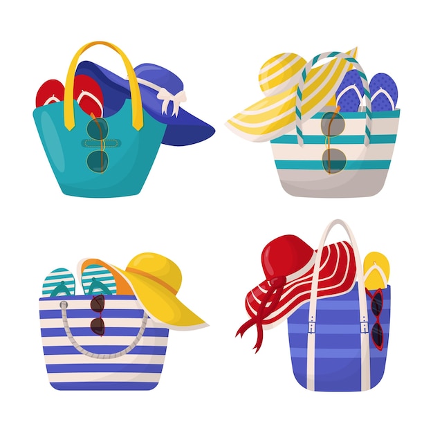 Conjunto de coloridos bolsos de verano para mujer con accesorios de playa conjunto de elementos de diseño de verano