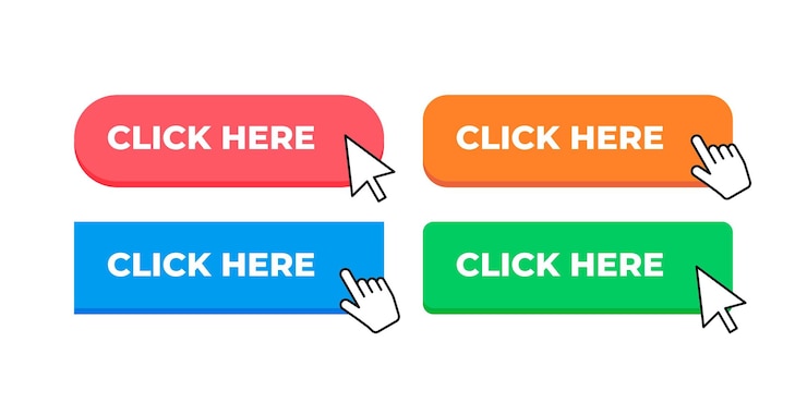 Vector conjunto de coloridos botones de clic aquí con cursor de mano y cursor de flecha