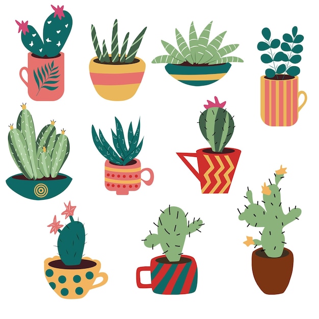 Conjunto de coloridos cactus dibujados a mano en diferentes ollas y tazas Ilustración vectorial