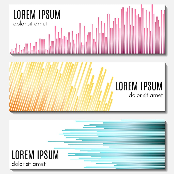 Vector conjunto de coloridos carteles de cabecera abstractos con ecualizadores y lugar para el texto. fondos vectoriales para diseño web.