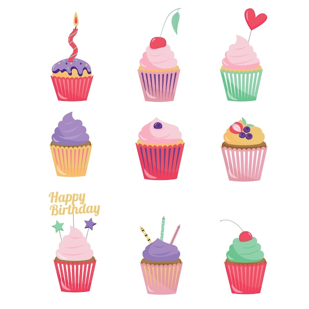 Vector un conjunto de coloridos cupcakes navideños