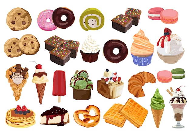 Conjunto de coloridos dibujos animados de panadería y postre. ilustración vectorial