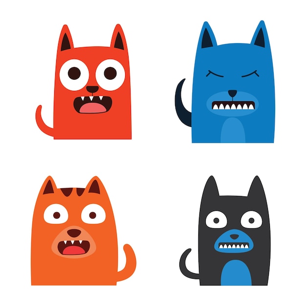 Conjunto de coloridos y divertidos perros traviesos, cachorros, animales de compañía, personajes de dibujos animados con caras de choque feliz.