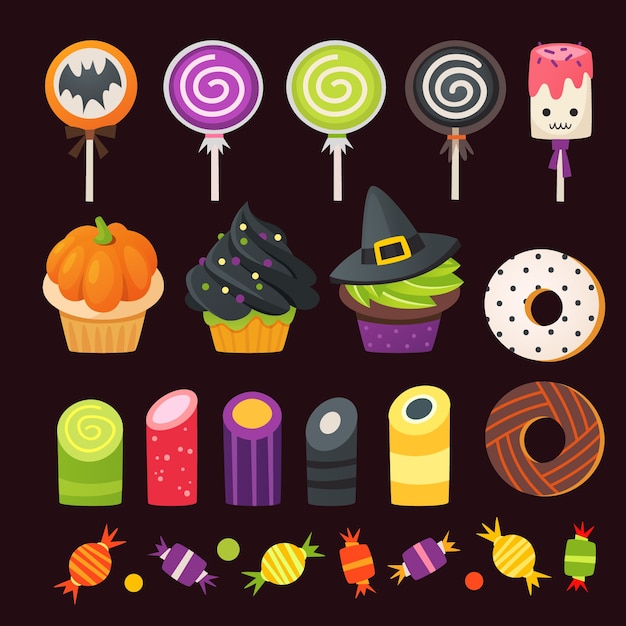 Vector conjunto de coloridos dulces de halloween para niños. caramelos vectoriales decorados con elementos de halloween.