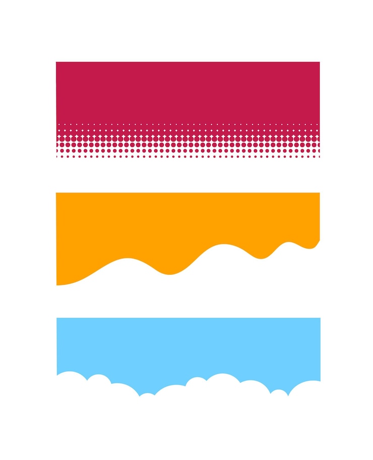 Vector conjunto de coloridos encabezados divisores concepto azul rojo y amarillo hojas de papel rasgadas y rasgadas diseño de plantilla y maqueta colección de vectores planos de dibujos animados aislados en fondo blanco
