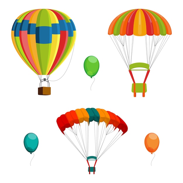 Conjunto de coloridos globos aerostáticos y paracaídas.