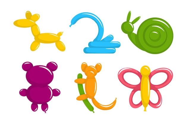 Conjunto de coloridos globos de animales al estilo de dibujos animados Ilustración vectorial de bonitos globos en forma de varios animales caballo cisne caracol oso koala y mariposa aislados sobre fondo blanco