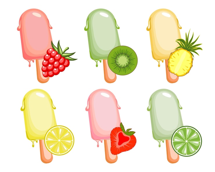 Vector conjunto de coloridos helados en una colección de palos de paletas con trozos de fruta