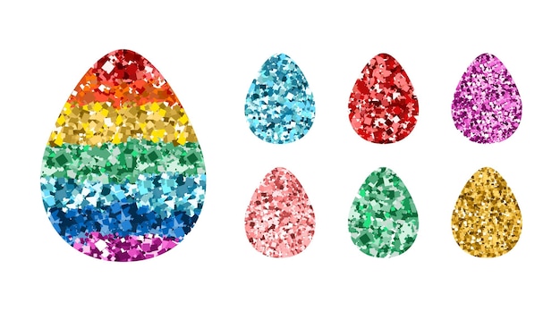 Conjunto de coloridos huevos brillantes Iconos con colores del arco iris lentejuelas brillantes en blanco para el diseño de la marca del niño de Pascua etiqueta del logotipo Símbolo LGBT Ilustración vectorial