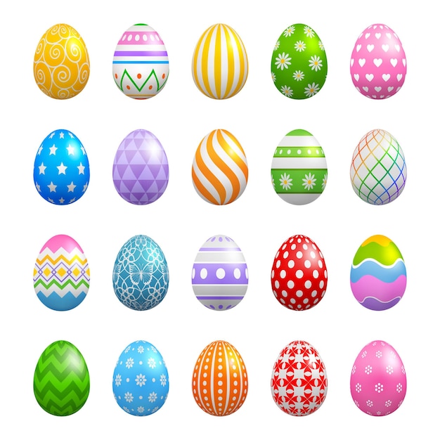 Conjunto de coloridos huevos de pascua con diferentes colores y decoraciones.