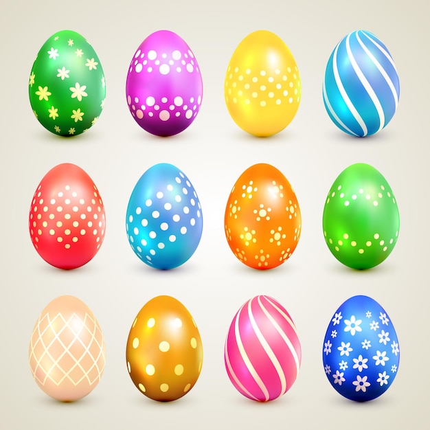 Conjunto de coloridos huevos de pascua con ilustración de patrones decorativos