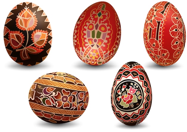 Conjunto de coloridos huevos de Pascua pintados - Huevos ricamente decorados como ilustraciones aisladas sobre fondo blanco, Vector