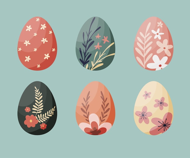 Conjunto de coloridos huevos de Pascua sobre fondo turquesa