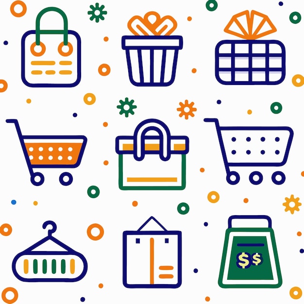Conjunto de coloridos iconos de compras que incluyen bolsas, carros, cajas y regalos
