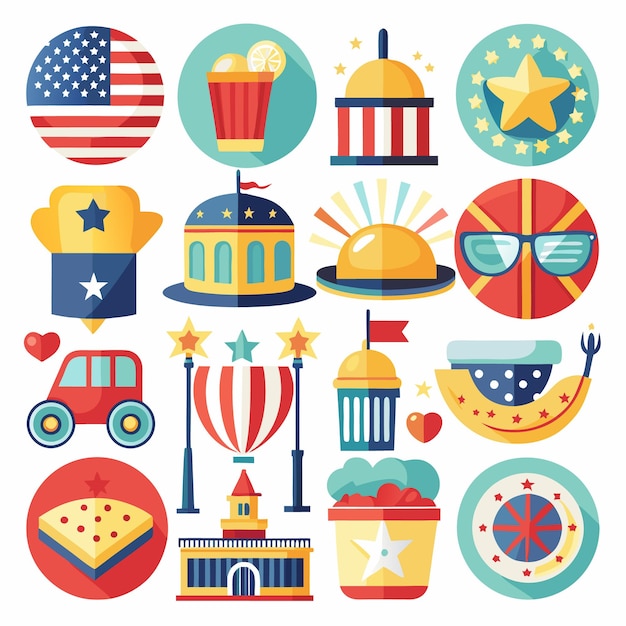 Conjunto de coloridos iconos de dibujos animados en fondo blanco