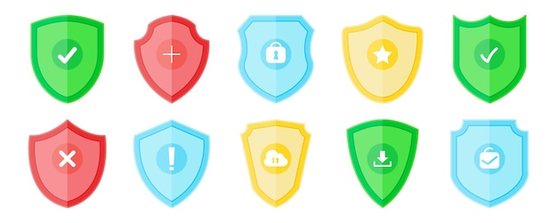 Conjunto de coloridos iconos de escudo de seguridad logotipos de escudos de seguridad con marca de verificación candado cruz estrella descargar web internet en línea nube ilustración vectorial