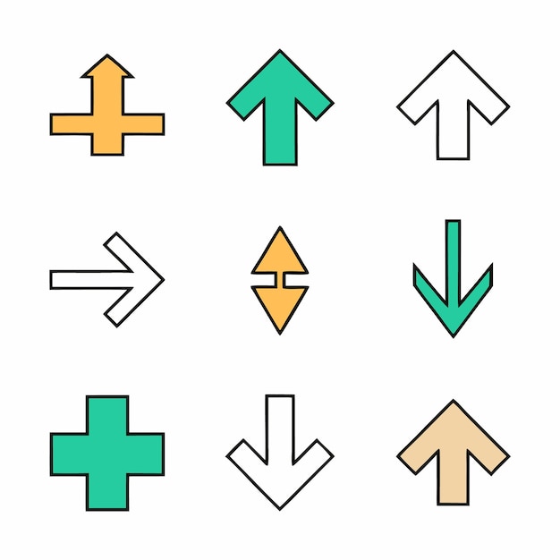 conjunto de coloridos iconos de flecha con varios estilos de direcciones y elementos de diseño mínimos