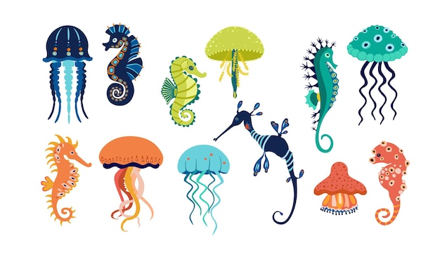 Conjunto de coloridos iconos de medusas y caballitos de mar Silueta bastante diferente de animales marinos sobre fondo blanco Para el logotipo de la tarjeta niños patrón tatuaje concepto decorativo Ilustración vectorial de dibujos animados