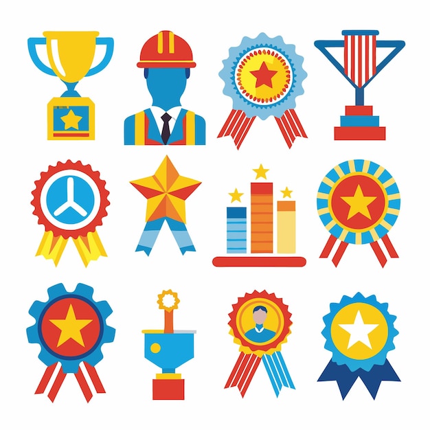 Conjunto de coloridos iconos de premios que incluyen trofeos, medallas y cintas