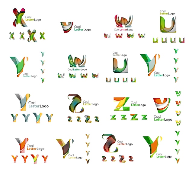 Conjunto de coloridos logotipos corporativos de letras abstractas creados con formas fluidas superpuestas Iconos comerciales universales para cualquier idea aislada en blanco