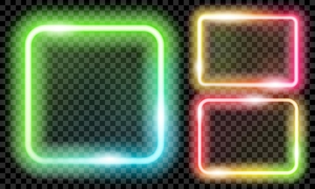 Conjunto de coloridos marcos de neón translúcido sobre fondo transparente. Transparencia solo en formato vectorial