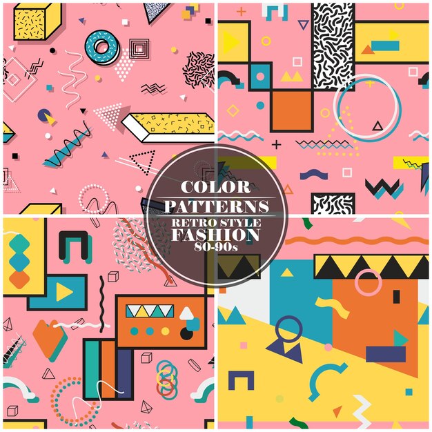 Conjunto de coloridos patrones abstractos sin fisuras con formas geométricas creativas Moda estilo retro 8090s