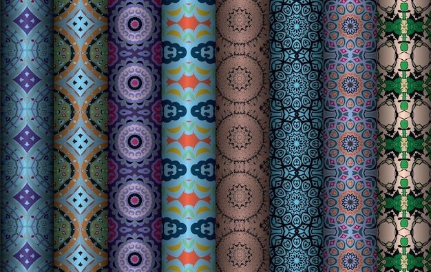 Un conjunto de coloridos patrones sin fisuras con peces y la palabra pez.