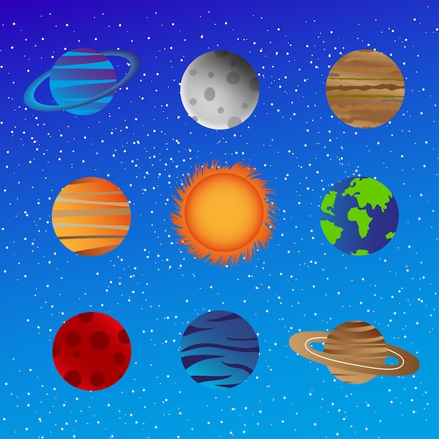 Conjunto de coloridos planetas brillantes del sistema solar contra el fondo del cielo nocturno con estrellas Estilo plano Ilustración vectorial