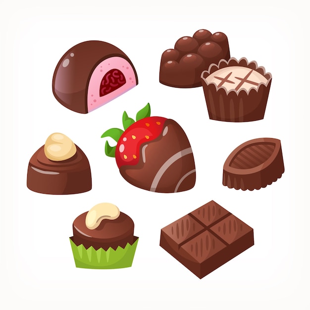 Conjunto de coloridos postres de chocolate y dulces de cajas para el día de San Valentín