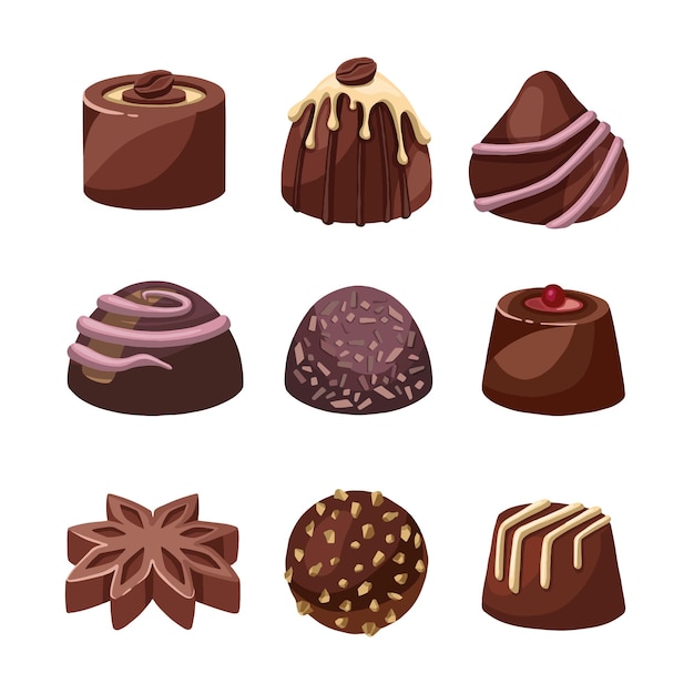 Vector conjunto de coloridos postres de chocolate y dulces de cajas para días festivos especiales día de san valentín para un refrigerio para el almuerzo o una pausa para el café ilustración de alta calidad