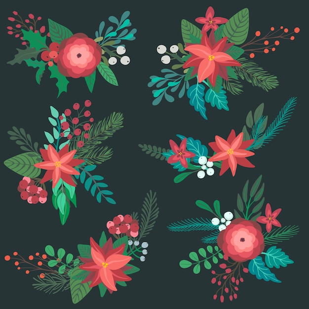 Vector conjunto de coloridos ramos florales navideños con flores de invierno ramas bayas