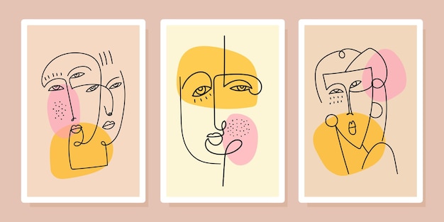 Conjunto de coloridos retratos faciales decorativos abstractos como una ilustración de vector de arte de pared de cubismo