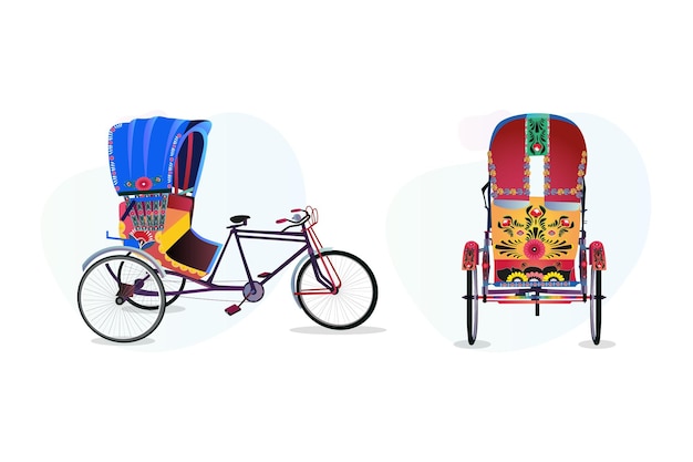 Conjunto de coloridos rickshaws ilustraciones traseras arte de rickshaw de Bangladesh Tri ciclo de la ciudad de Dhaka