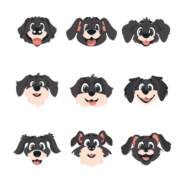 Conjunto colosal de caras inteligentes de perros callejeros Estilo de dibujos animados Ilustración vectorial