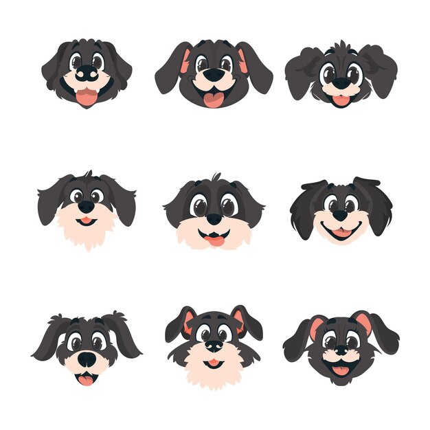 Conjunto colosal de caras inteligentes de perros callejeros estilo de dibujos animados ilustración vectorial