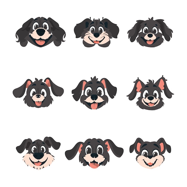 Conjunto colosal de caras inteligentes de perros callejeros Estilo de dibujos animados Ilustración vectorial