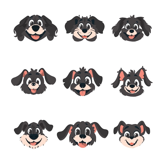 Conjunto colosal de caras inteligentes de perros callejeros estilo de dibujos animados ilustración vectorial