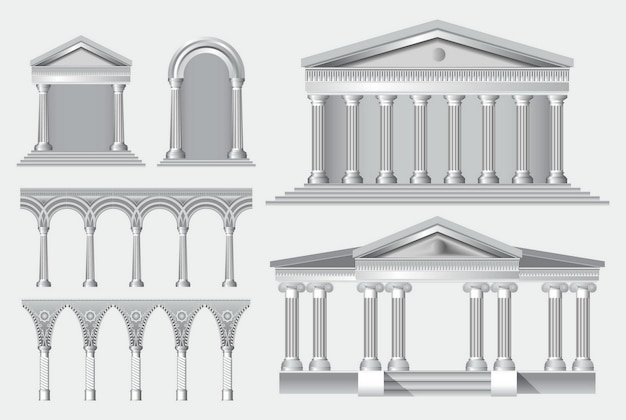 Vector conjunto de columnas antiguas realistas o templos antiguos realistas y columnas antiguas blancas con nervaduras